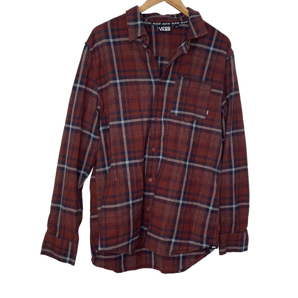 Vans Men’s Heavy Duty Flannel Red Maroon Shirt Long Sleeve Button Size Large